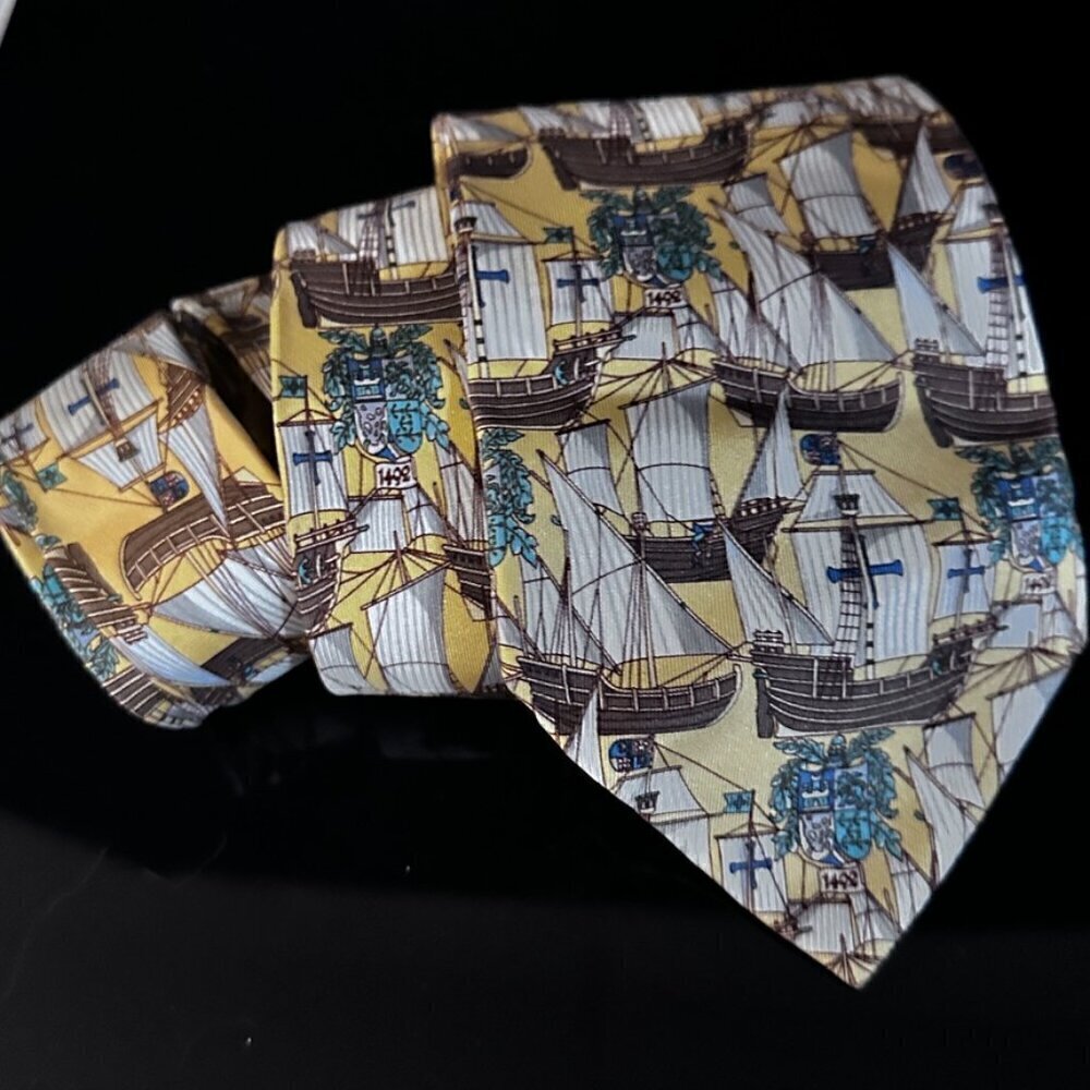 Gucci Gold Silk Tie Link Chain EUC Neckwear Ship Ships Sailboat Brown Yacht - Picture 2 of 5